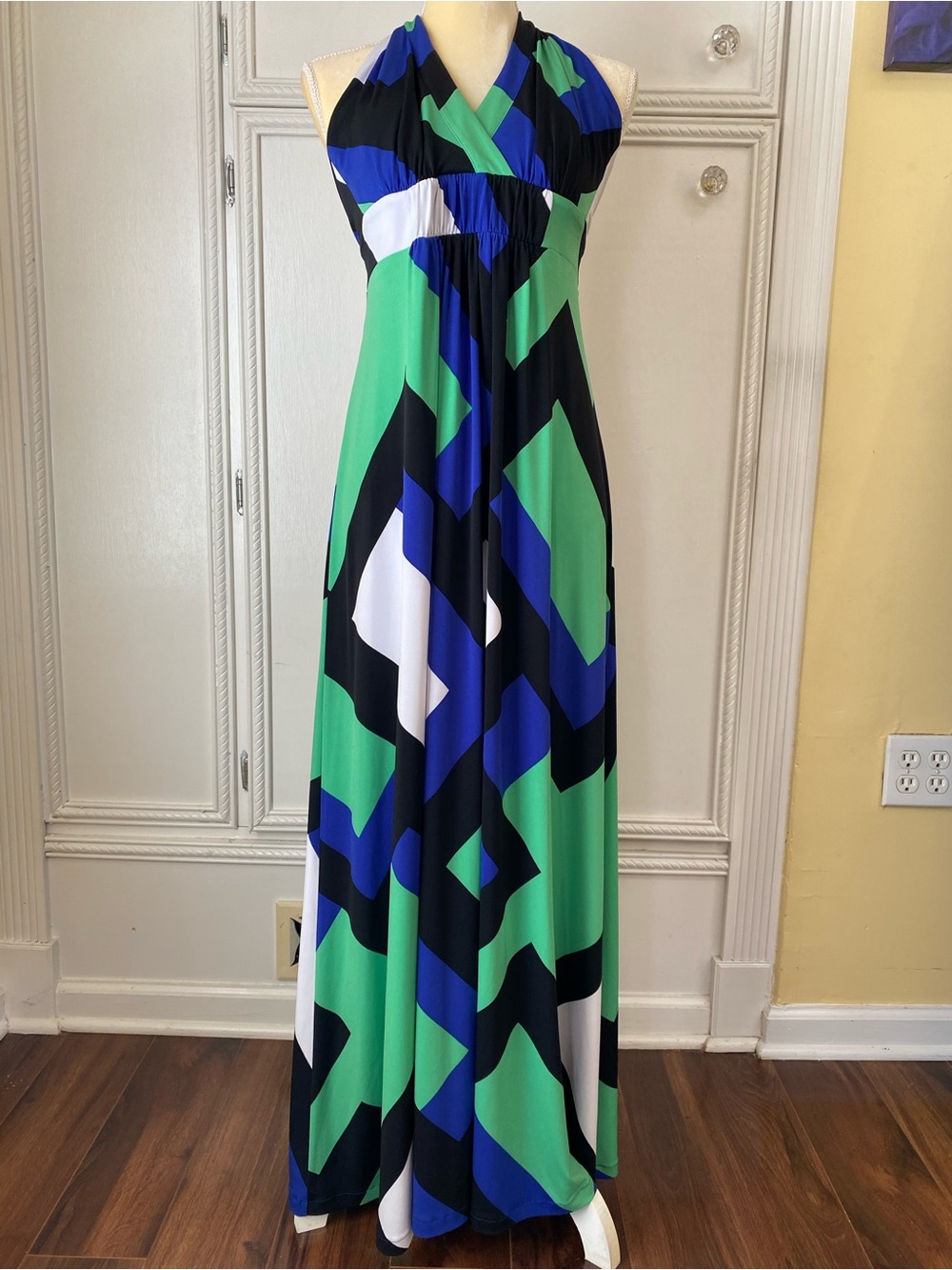 Jessica Simpson Green, Blue & Black Geometric Halter Maxi Dress